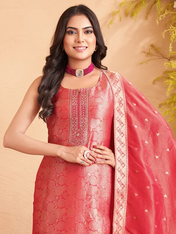 Red silk zari weaving salwar suit with dupatta