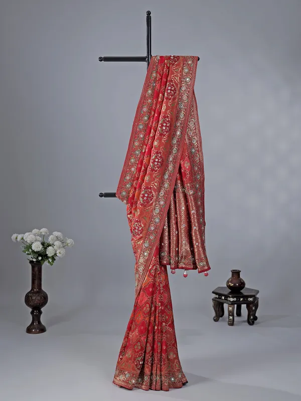 Red silk zari weaving saree for wedding look
