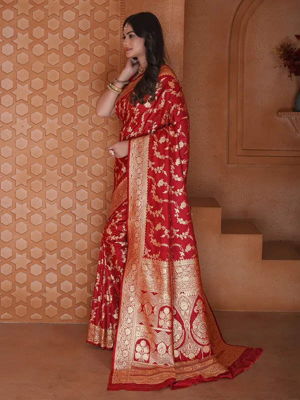 Red silk zari work saree