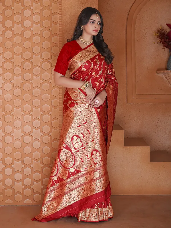 Red silk zari work saree