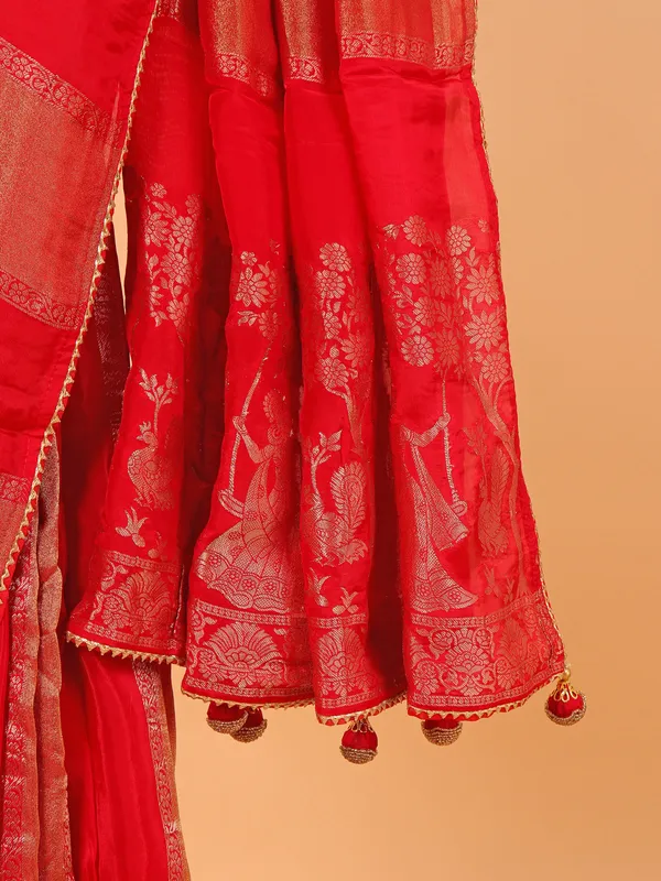 Red soft organza saree for women