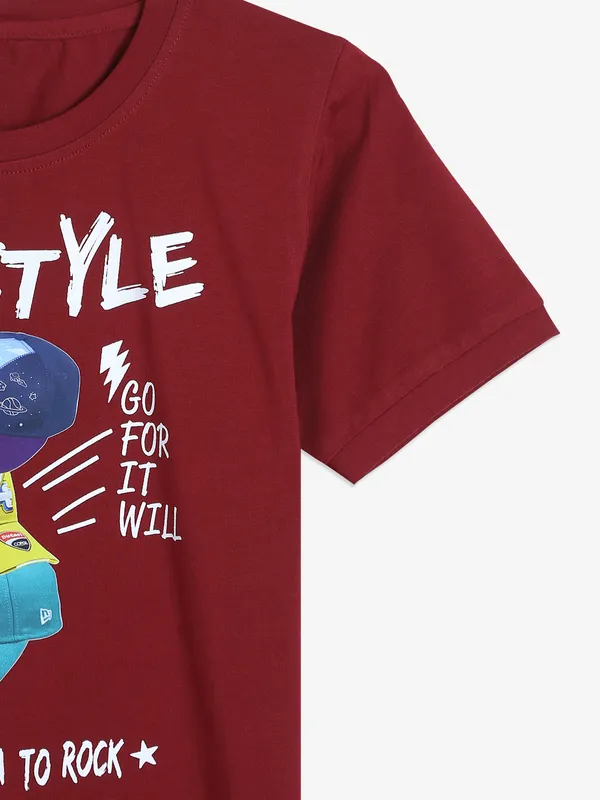 Red Sound cotton printed maroon t shirt