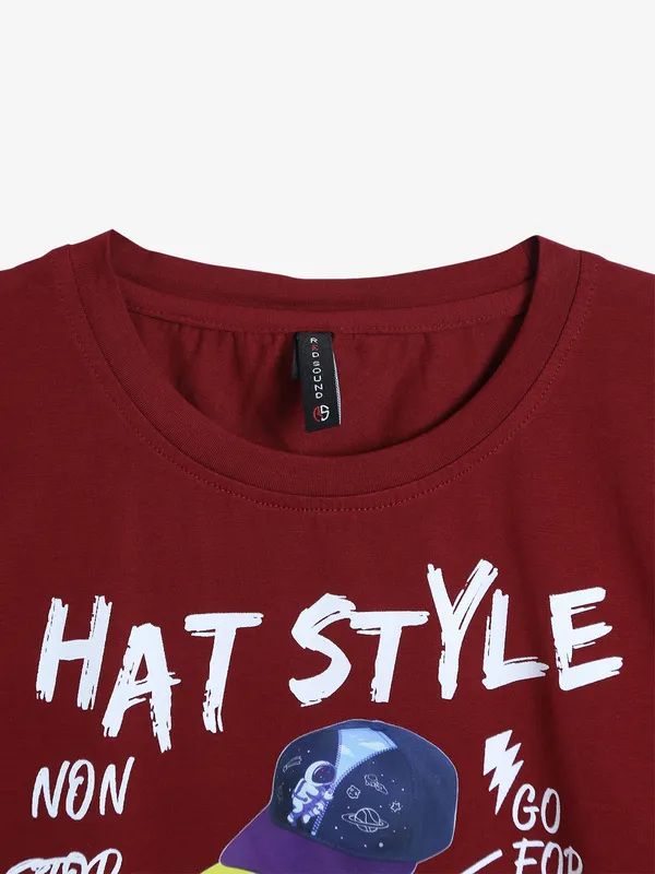 Red Sound cotton printed maroon t shirt