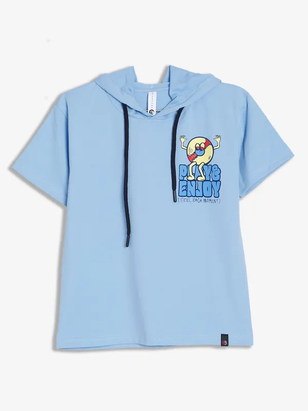 Red Sound sky blue cotton hooded t shirt