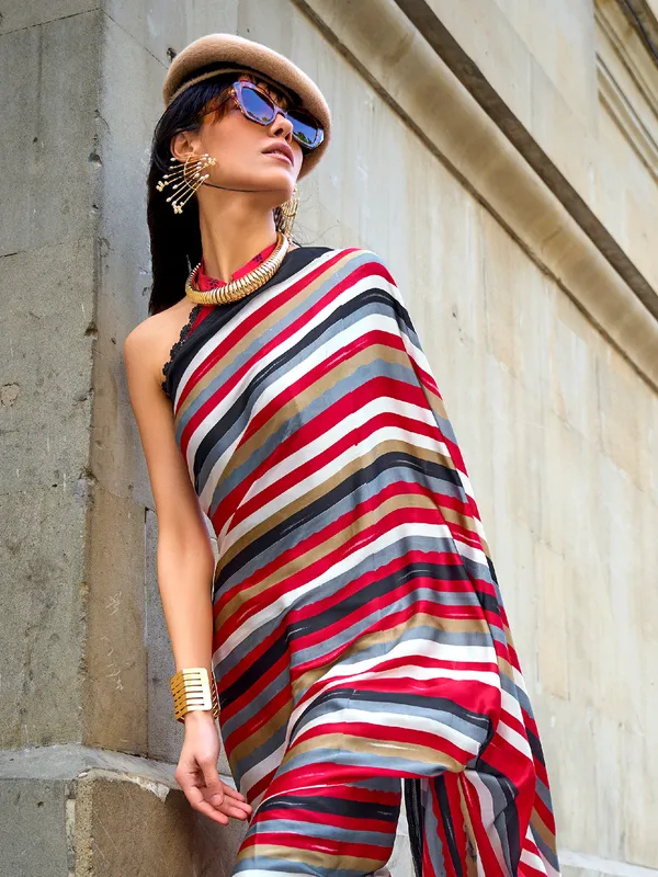 Red stripe satin crepe saree