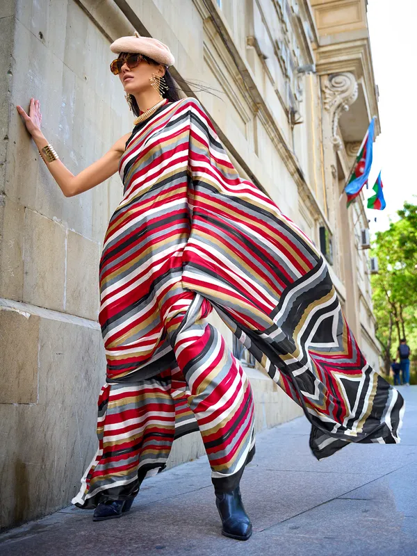 Red stripe satin crepe saree