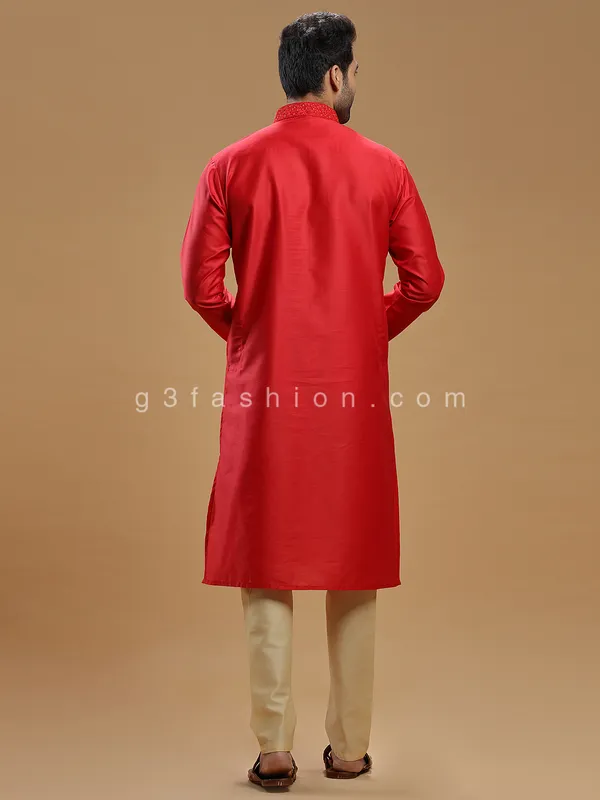 Red stunning men silk kurta suit