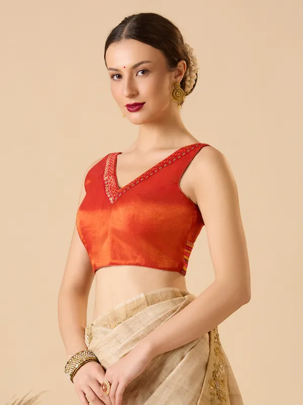 Red tissue silk solid sleeveless ready made blouse