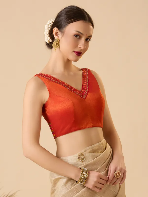 Red tissue silk solid sleeveless ready made blouse