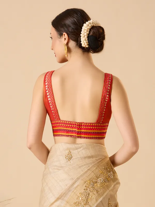 Red tissue silk solid sleeveless ready made blouse