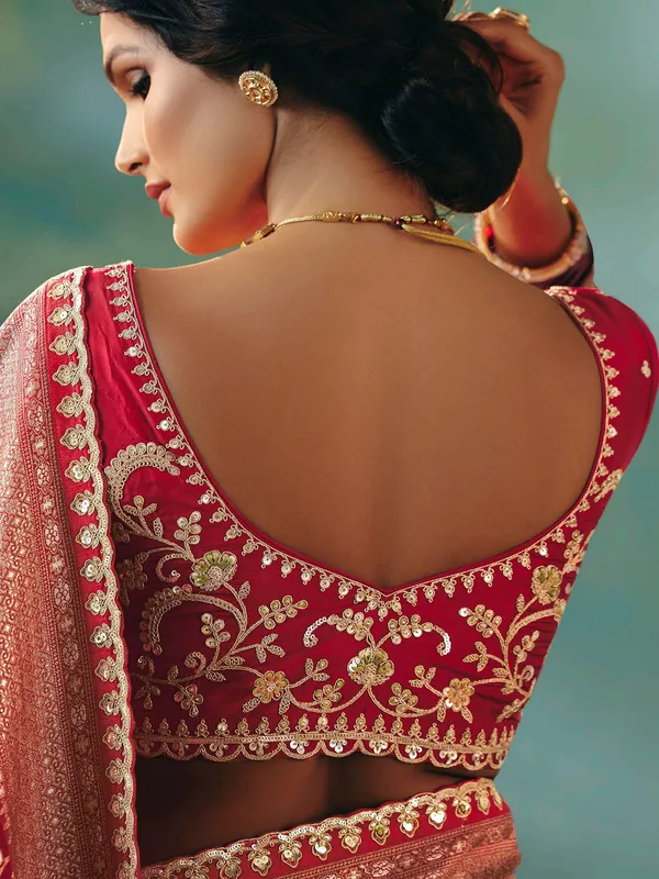 Red viscose dola silk saree with resham and zari work