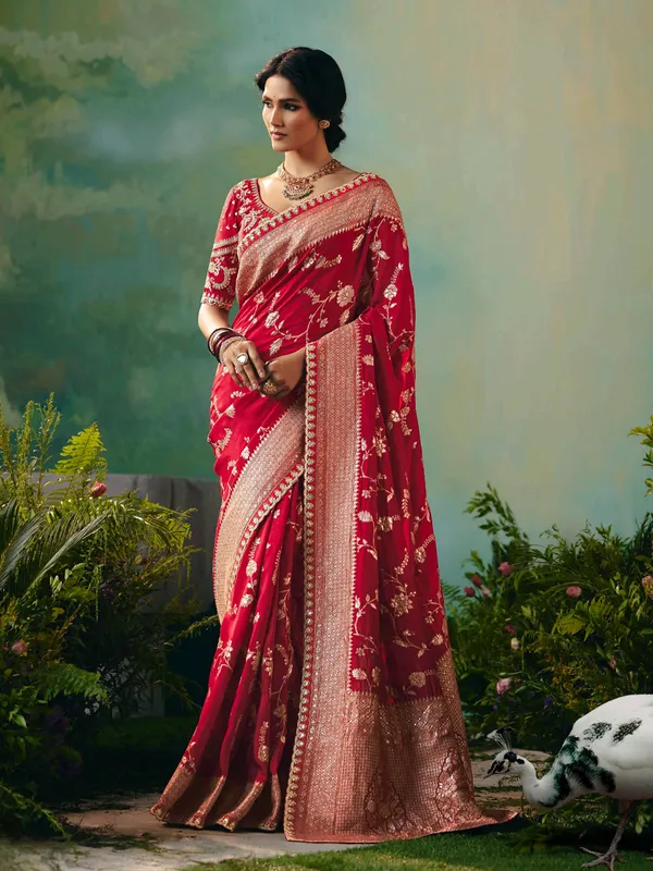 Red viscose dola silk saree with resham and zari work