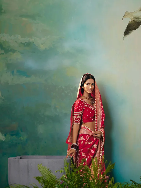 Red viscose dola silk saree with resham and zari work