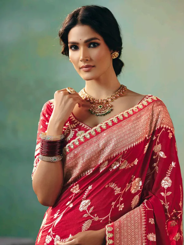 Red viscose dola silk saree with resham and zari work