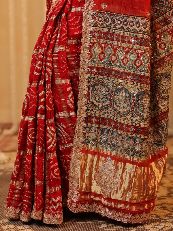 Red wedding wear bandhej silk saree with print
