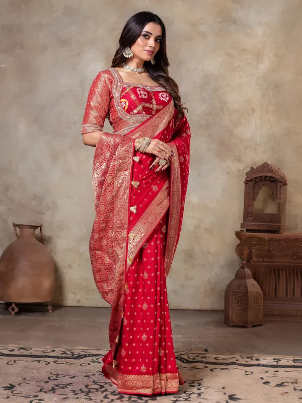 Red wedding wear dola silk saree for women