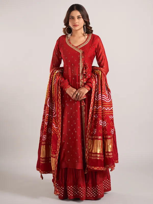 Red wedding wear lehenga suit in cotton silk