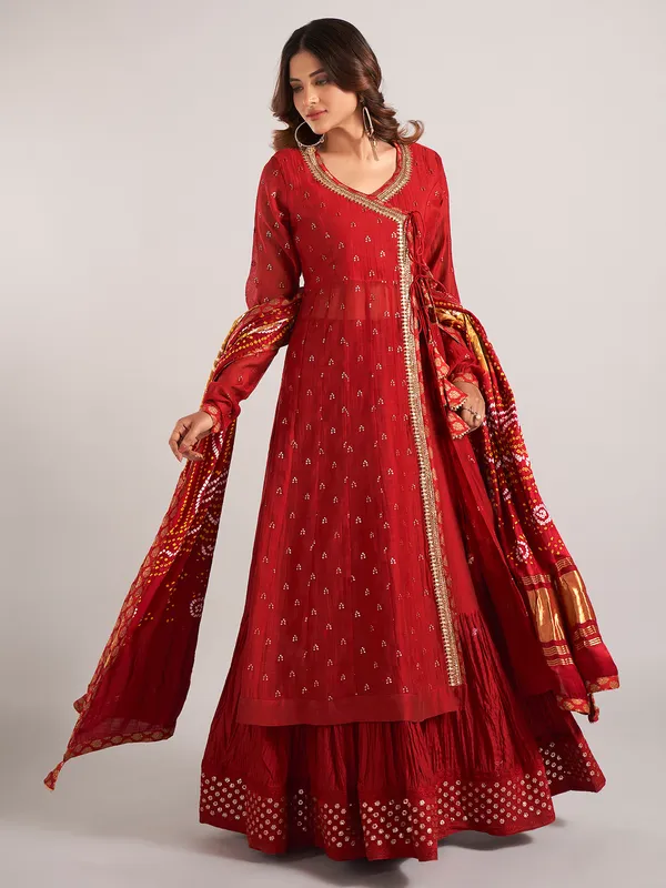 Red wedding wear lehenga suit in cotton silk