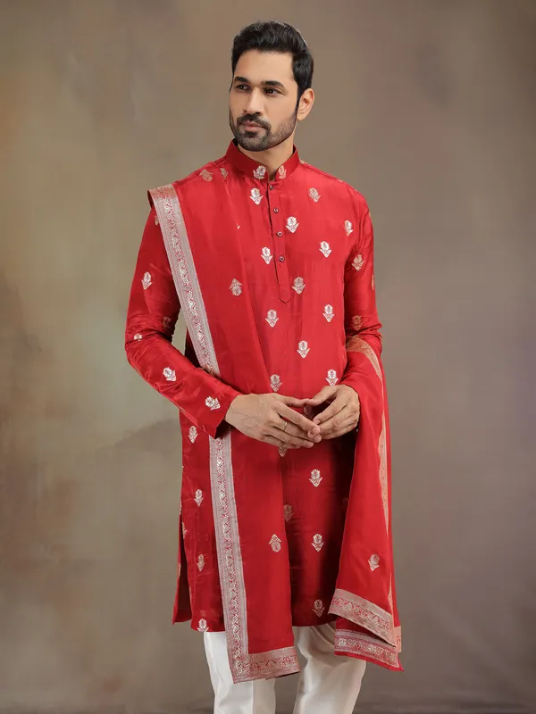 Red wedding wear silk kurta pajama with dupatta