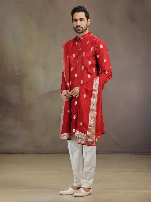 Red wedding wear silk kurta pajama with dupatta