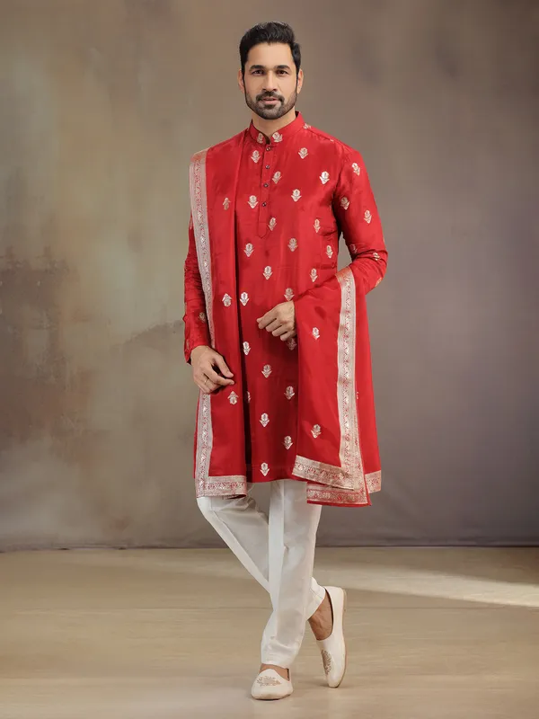 Red wedding wear silk kurta pajama with dupatta
