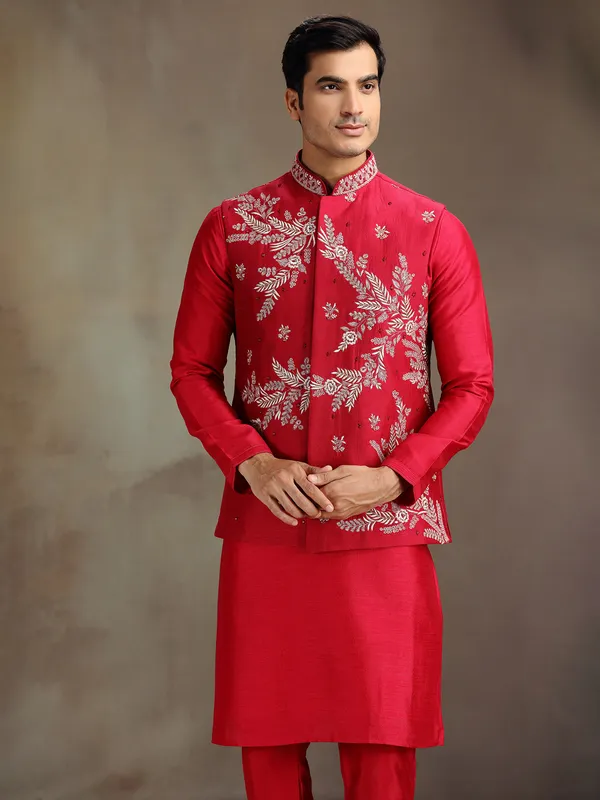 Red wedding wear silk waistcoat set for men
