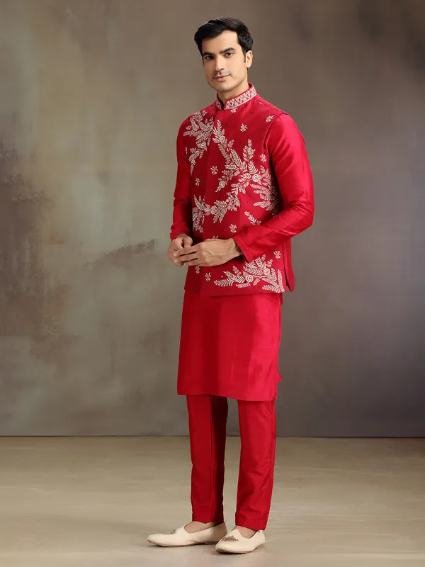 Red wedding wear silk waistcoat set for men