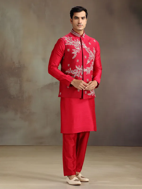 Red wedding wear silk waistcoat set for men