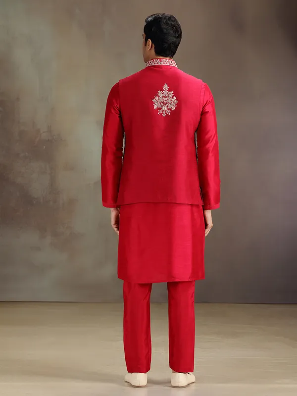 Red wedding wear silk waistcoat set for men
