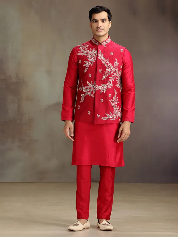 Red wedding wear silk waistcoat set for men