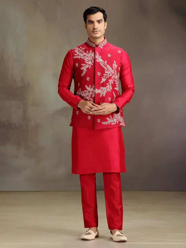 Red wedding wear silk waistcoat set for men