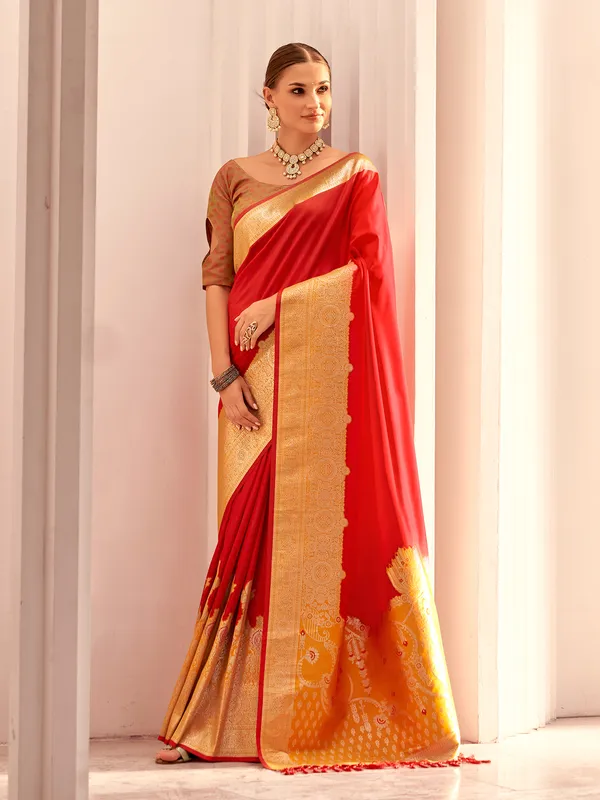 Red woven silk traditional zari saree