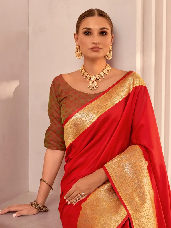 Red woven silk traditional zari saree