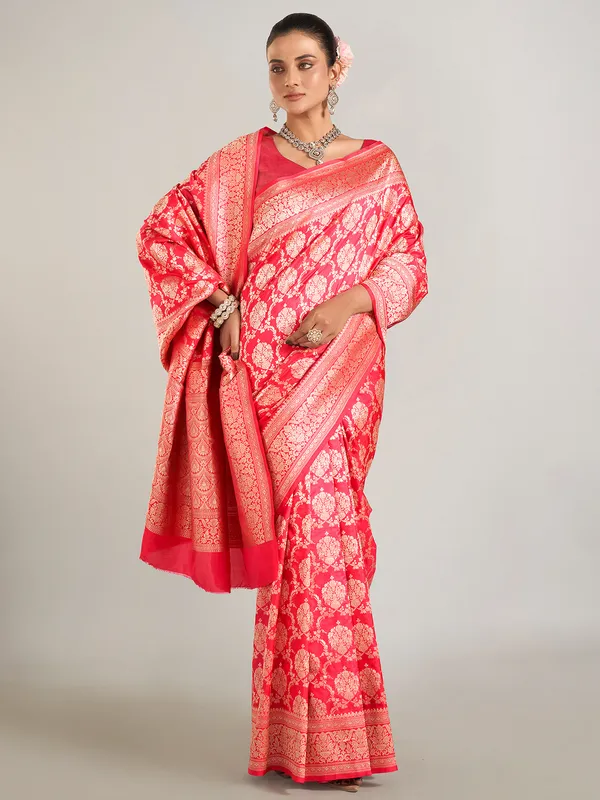 Red zari weaving banarasi silk saree for wedding