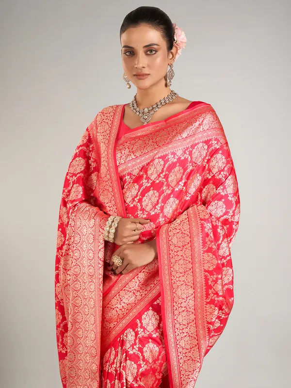 Red zari weaving banarasi silk saree for wedding