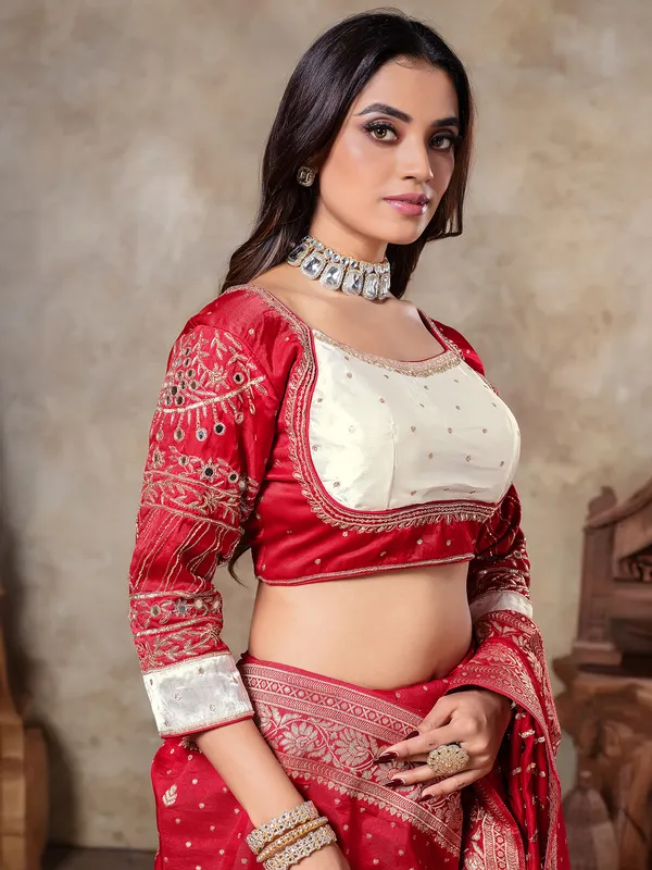 Red zari weaving dola silk saree for wedding wear