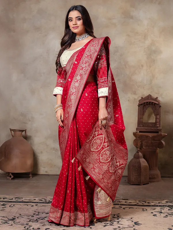 Red zari weaving dola silk saree for wedding wear