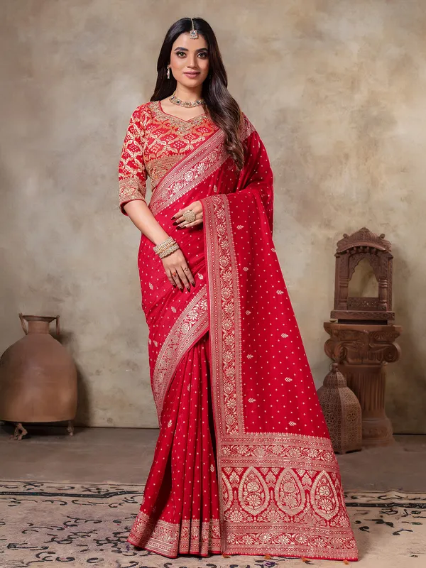 Red zari weaving saree in dola silk