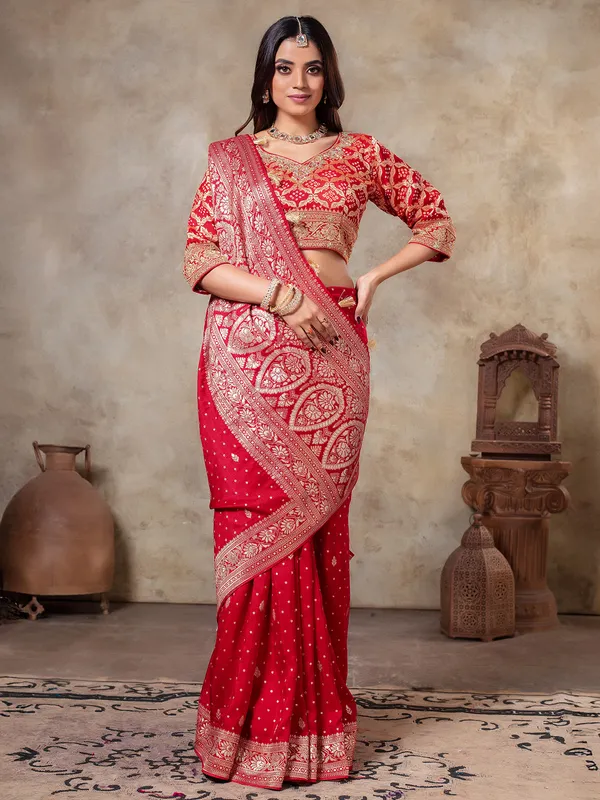 Red zari weaving saree in dola silk