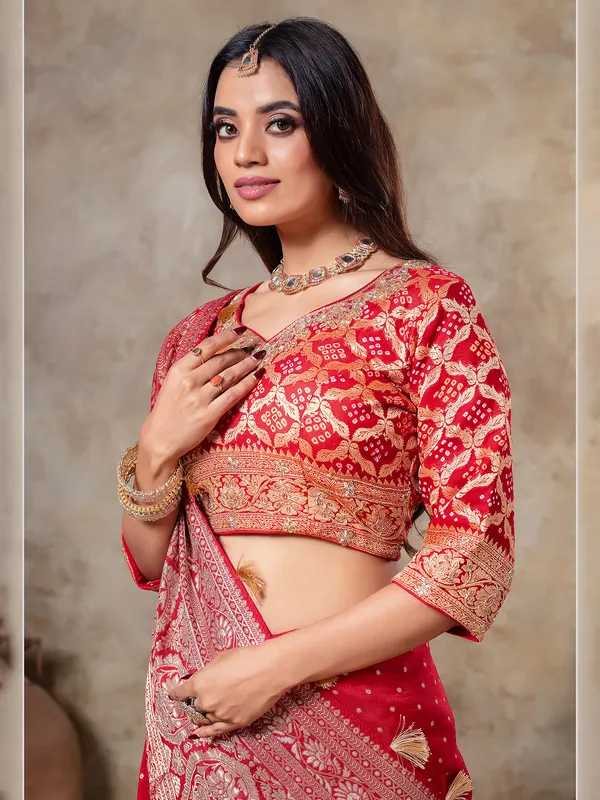 Red zari weaving saree in dola silk