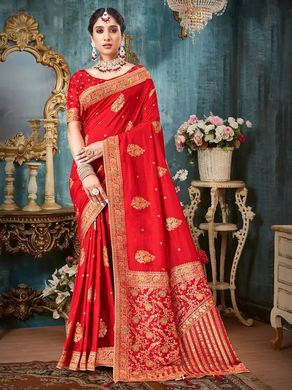 Red zari weaving saree in silk
