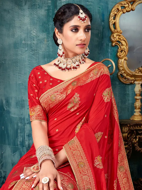 Red zari weaving saree in silk
