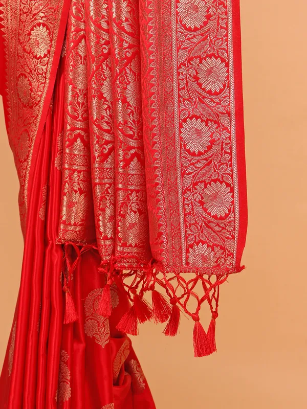 Red zari weaving silk saree for women