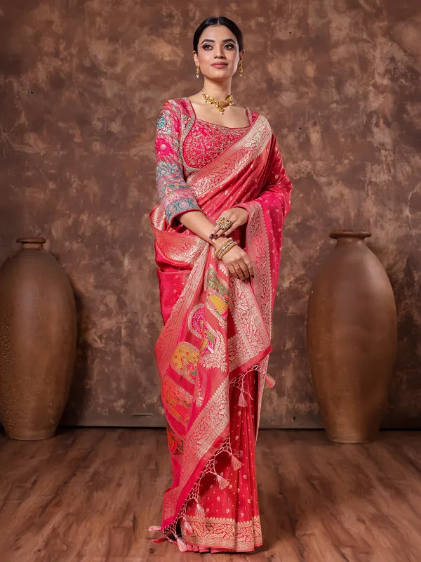 Red zari weaving tissue silk saree