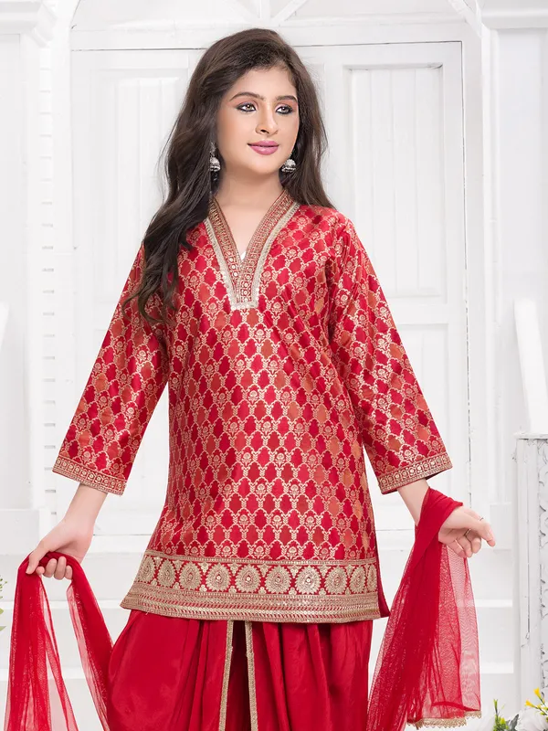 Red zari worked dhoti suit for girls
