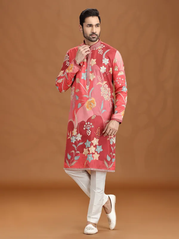 Reddish pink viscose kurta suit with aabla work