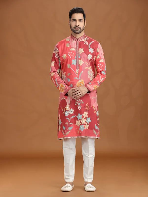 Reddish pink viscose kurta suit with aabla work