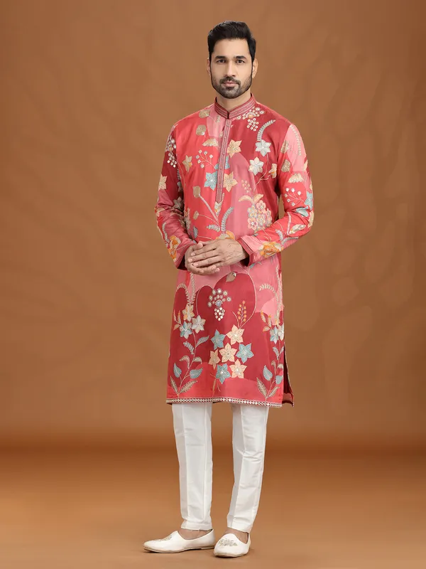 Reddish pink viscose kurta suit with aabla work