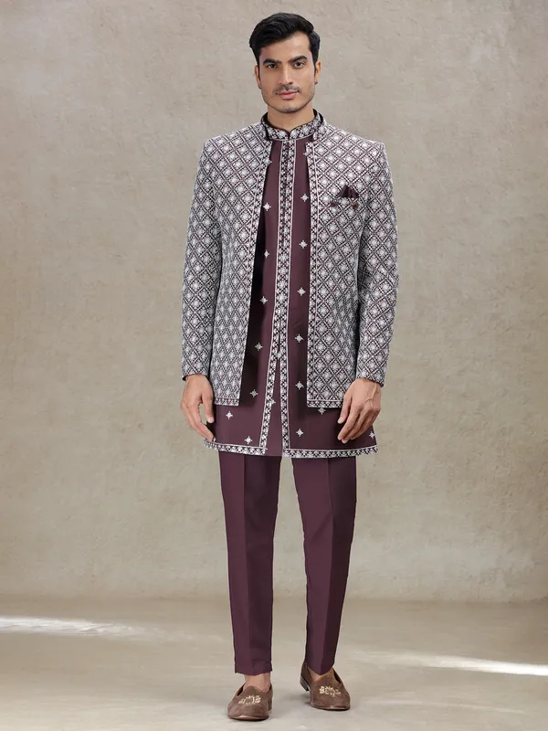 Refined brown wine indowestern with resham