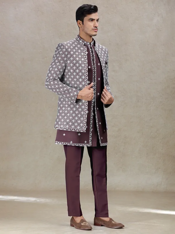Refined brown wine indowestern with resham